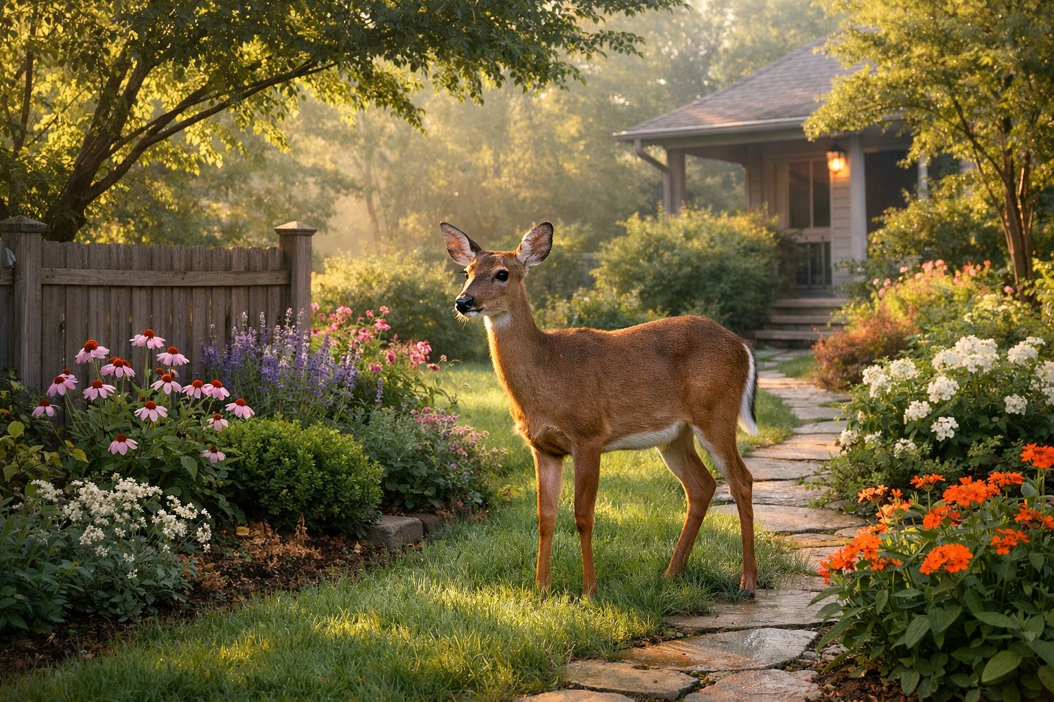 A deer standing quietly in a green garden near a wooden fence with plants and a house in the background.