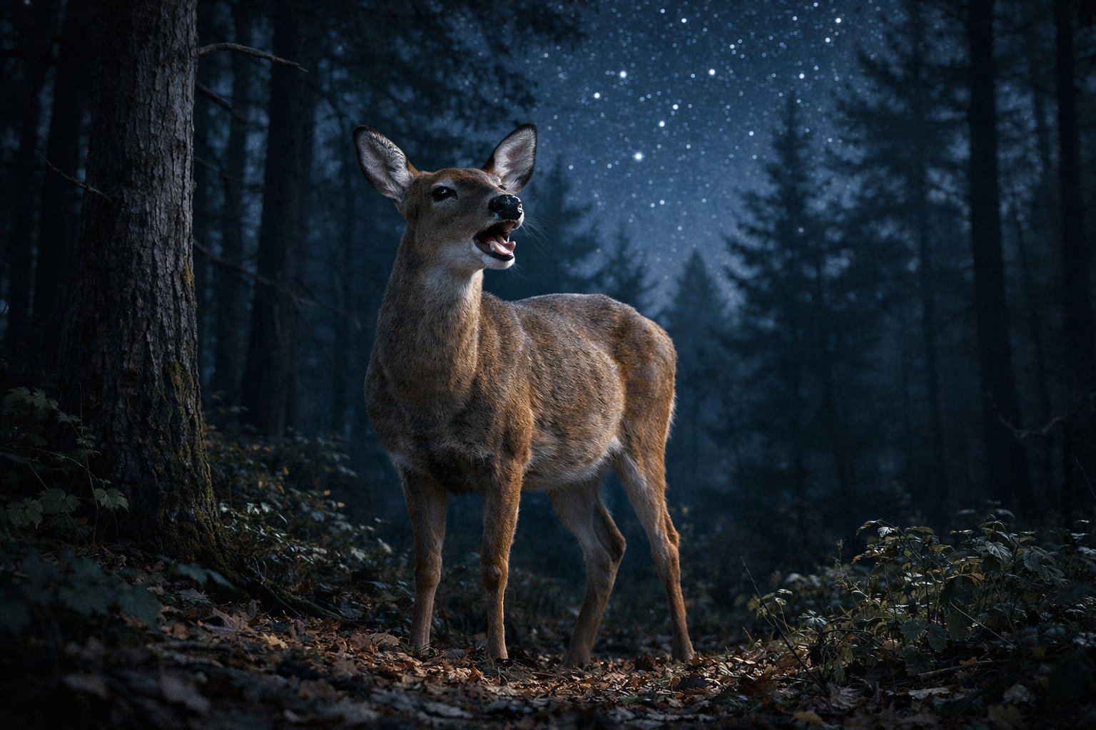 A deer standing in a forest at night with its mouth open as if barking, surrounded by trees under a starry sky.