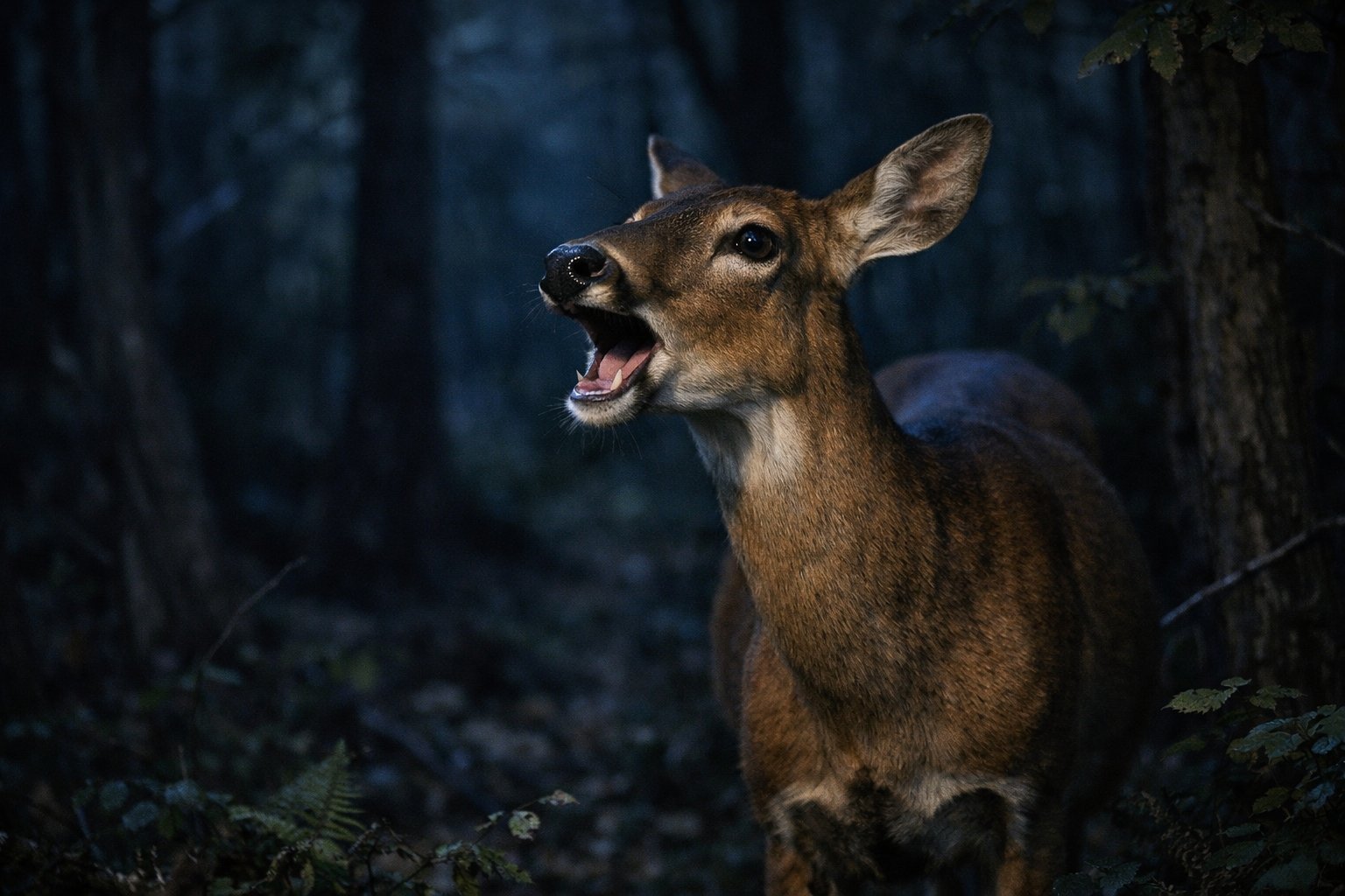 A deer standing in a dark forest at night with its mouth open as if making a sound, surrounded by trees and moonlight.