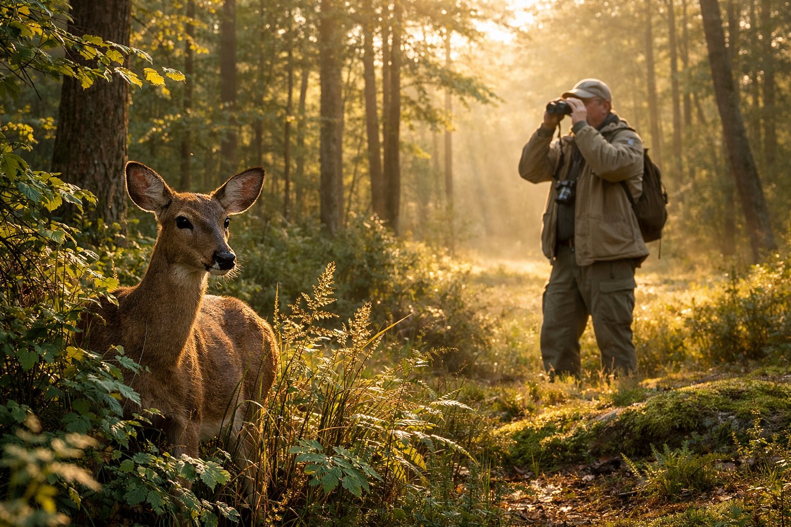 A deer stands alert in a forest clearing while a person observes from a distance among trees at dawn.