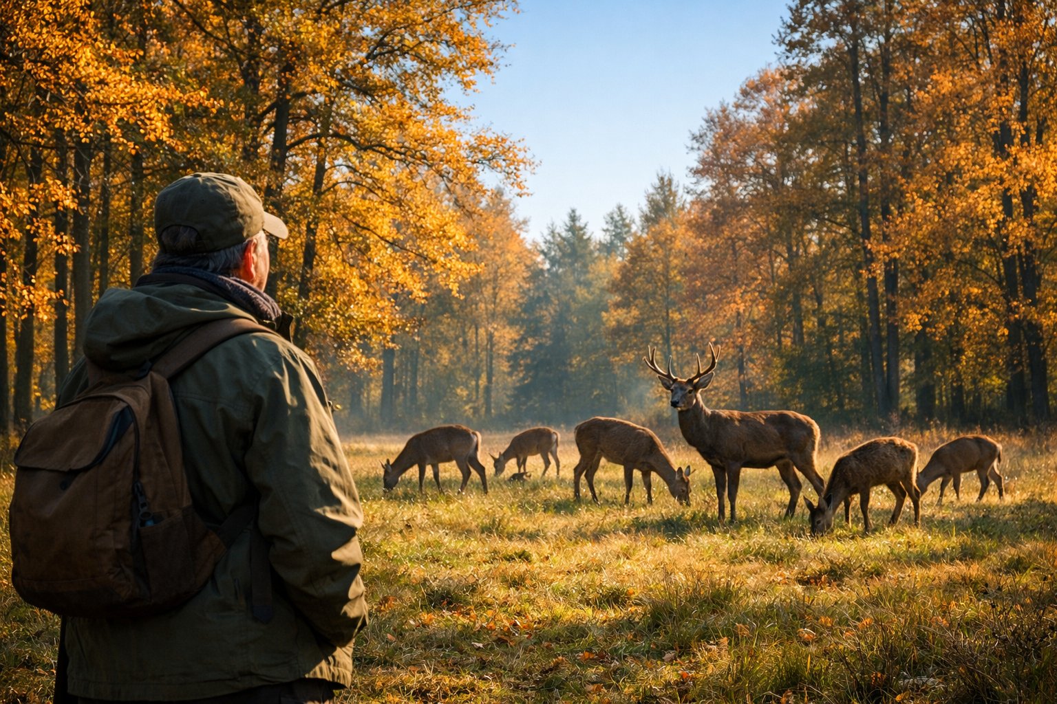 A person observing a group of deer grazing in a peaceful autumn forest clearing.