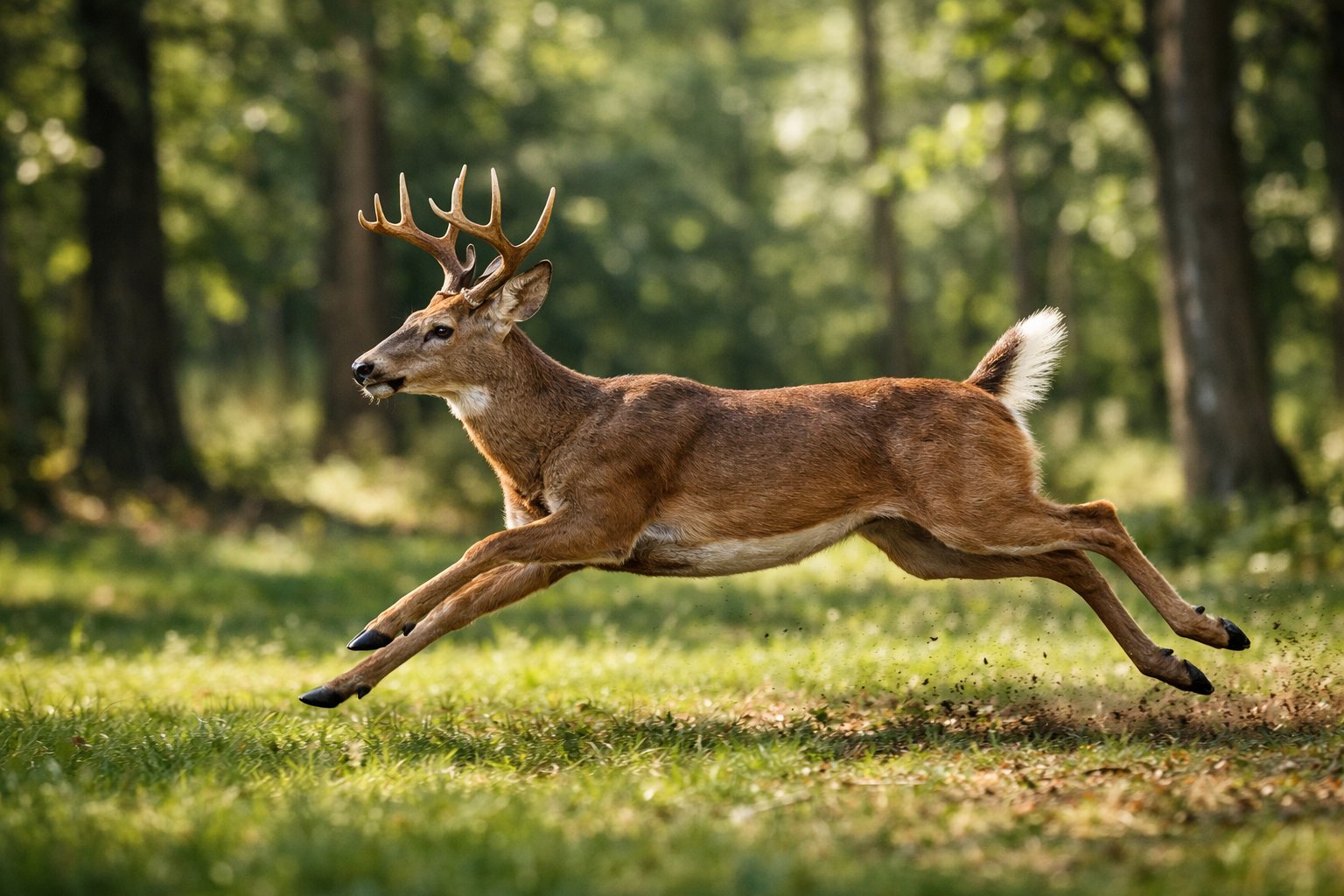 A deer running quickly through a forest clearing with trees and sunlight in the background.