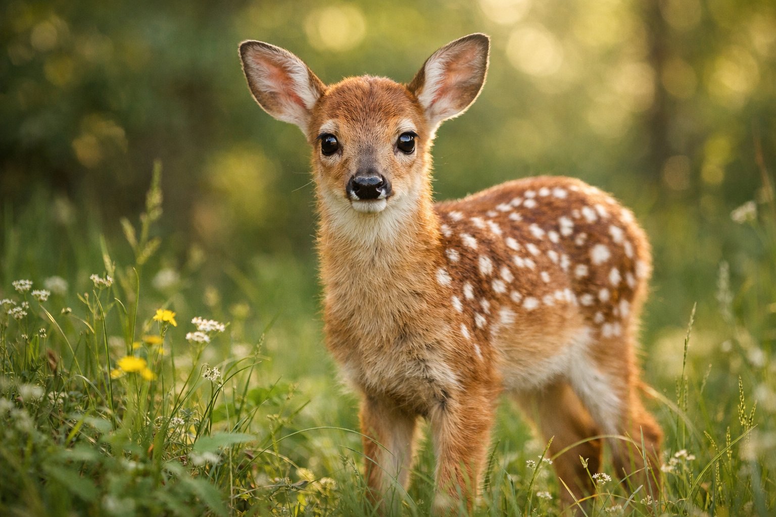 A young spotted fawn standing in a green forest clearing with sunlight filtering through the trees.