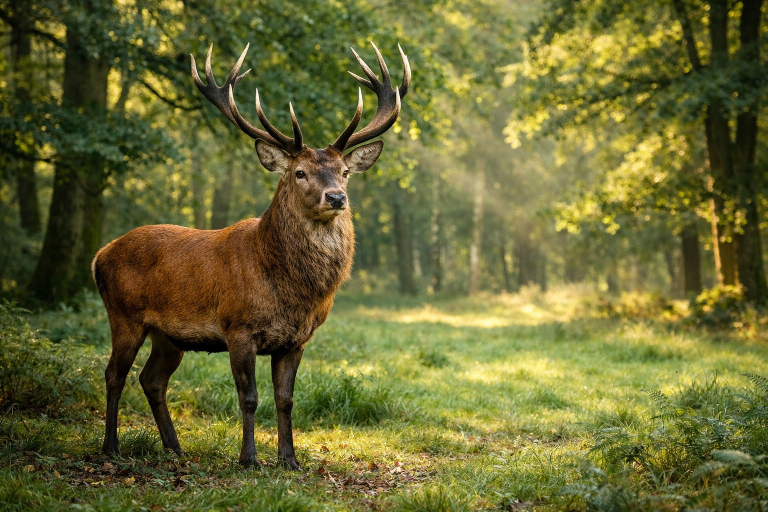 A red deer stag standing in a green forest clearing with sunlight filtering through the trees.