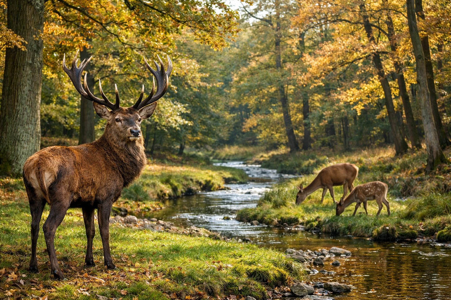 A red deer stag with antlers stands in a grassy forest clearing surrounded by trees with autumn leaves, with a doe and fawn grazing near a stream in the background.