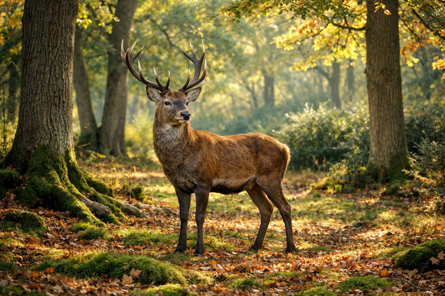 An adult deer standing on a forest floor covered with leaves and moss, surrounded by trees with sunlight filtering through.