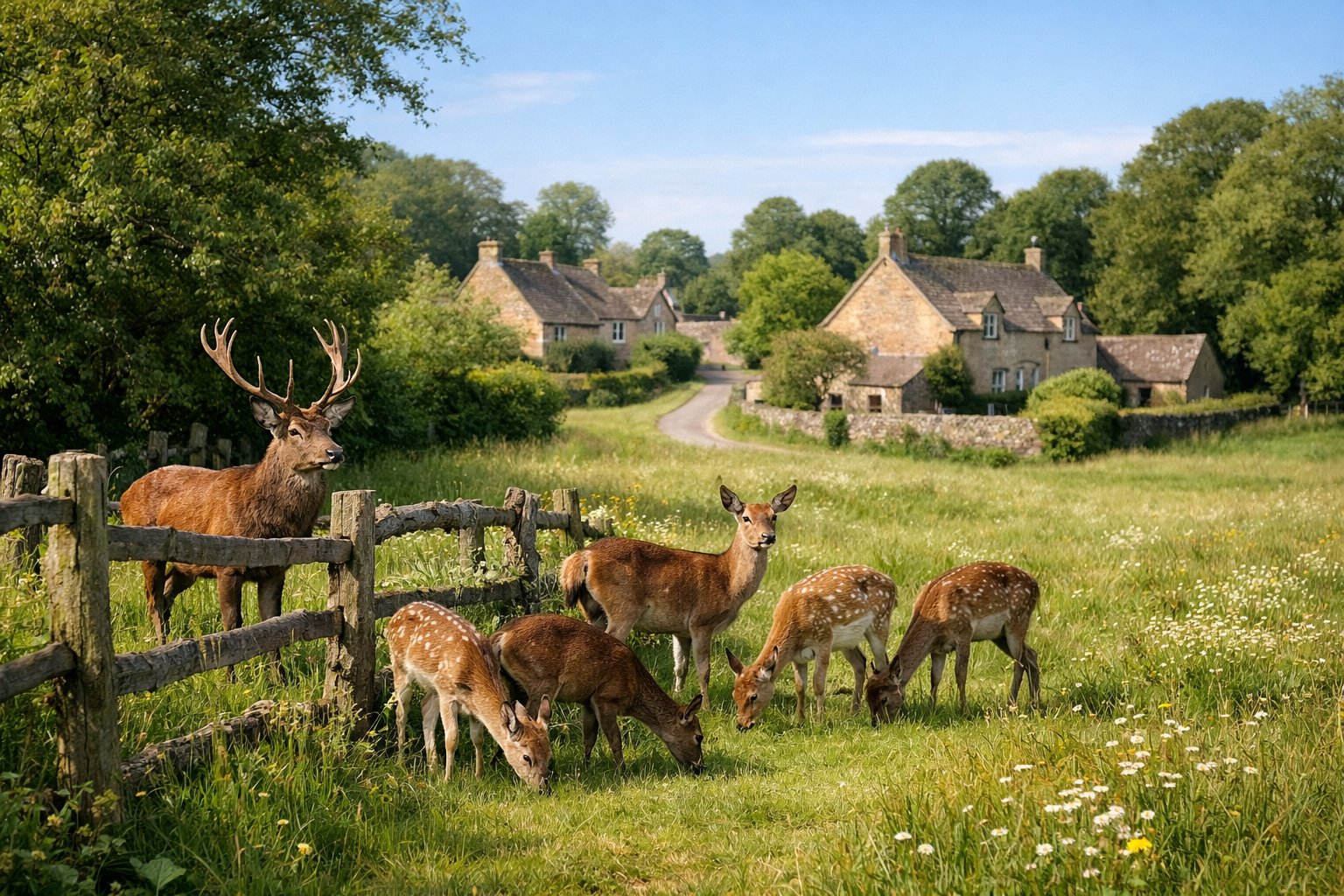 A group of deer grazing in a green countryside field near a wooden fence with stone cottages in the background.