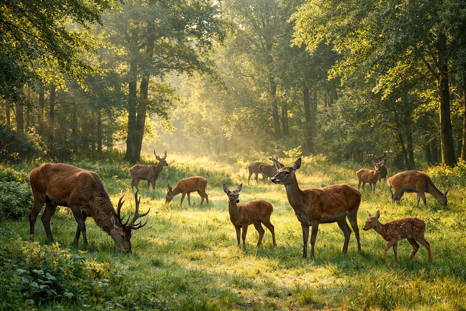 A group of deer grazing in a green forest clearing with sunlight filtering through the trees.
