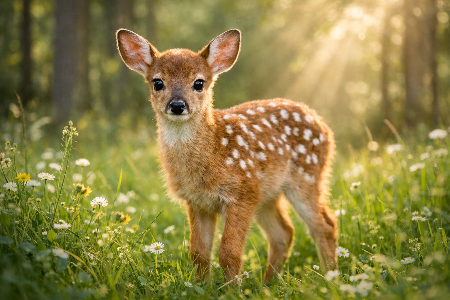 A baby deer standing in a sunlit forest clearing surrounded by grass and wildflowers.