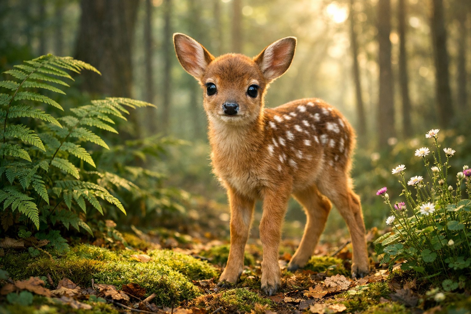 A baby fawn standing on moss and leaves in a sunlit forest surrounded by green plants.