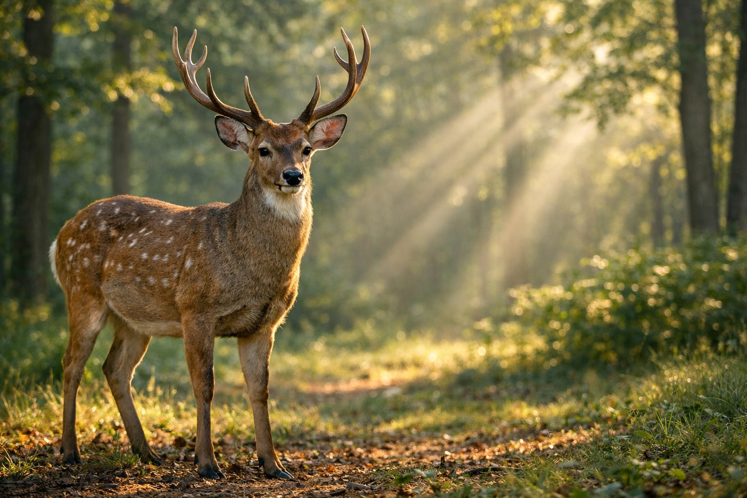 An adult deer standing in a sunlit forest clearing surrounded by green trees and foliage.