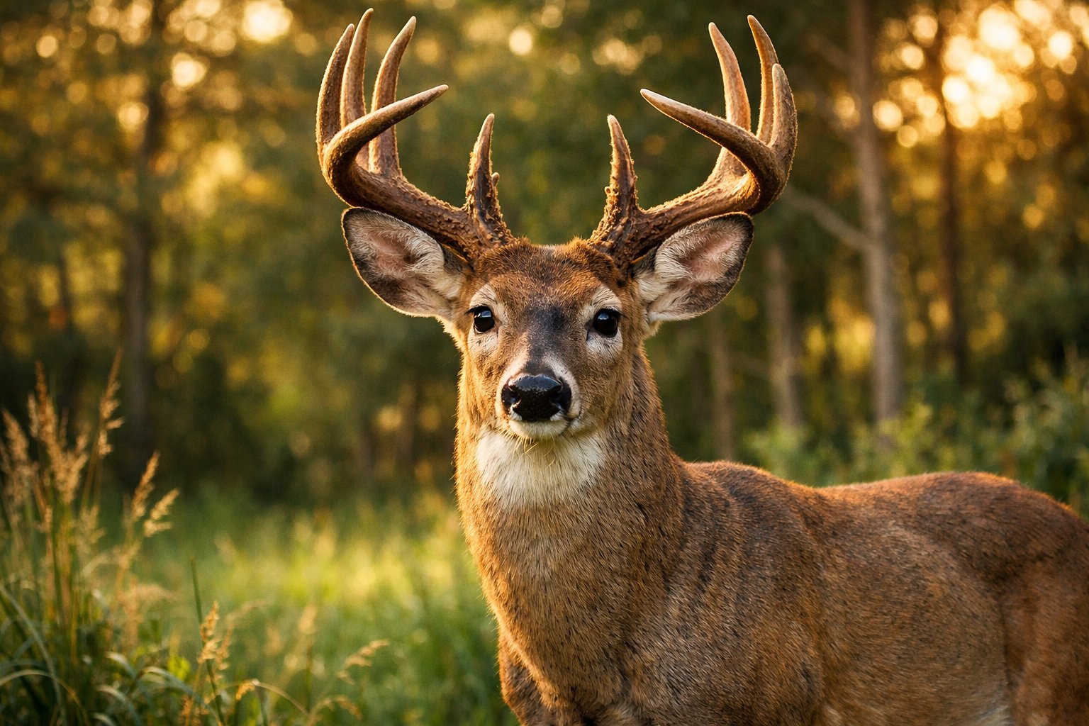 An adult deer with antlers standing in a sunlit forest clearing surrounded by green trees.