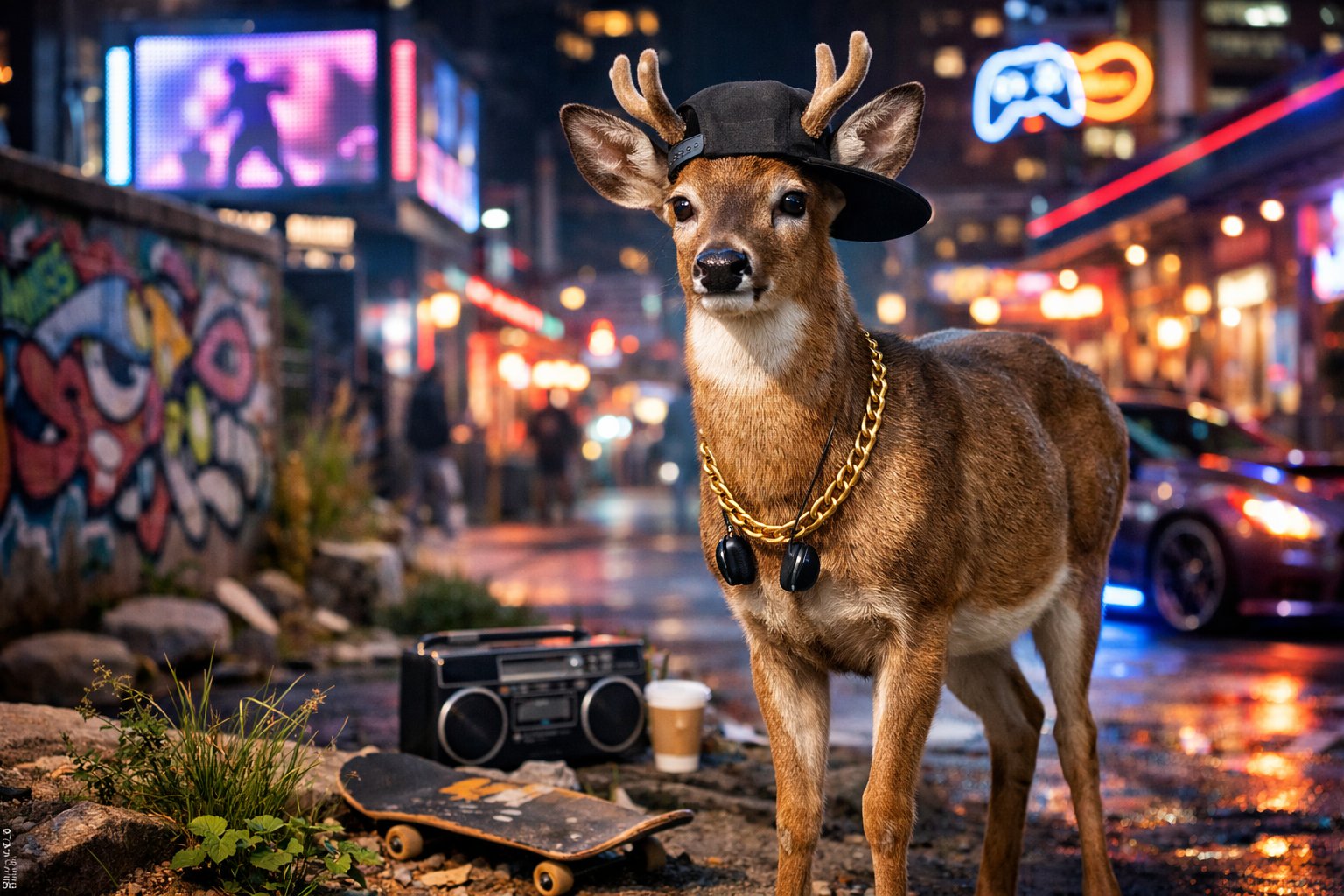 A deer standing in front of a cityscape with neon lights and graffiti art blending with natural woodland elements.