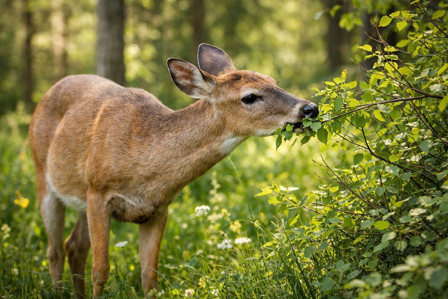 A deer grazing on green leaves in a forest surrounded by trees and plants.