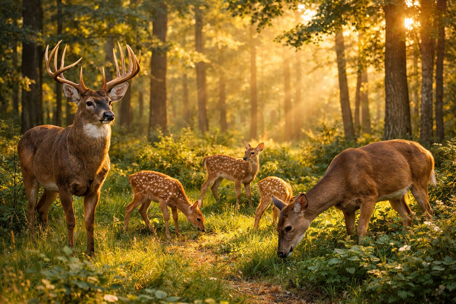 Five deer including a male with antlers, a female, and three fawns in a sunlit forest clearing.
