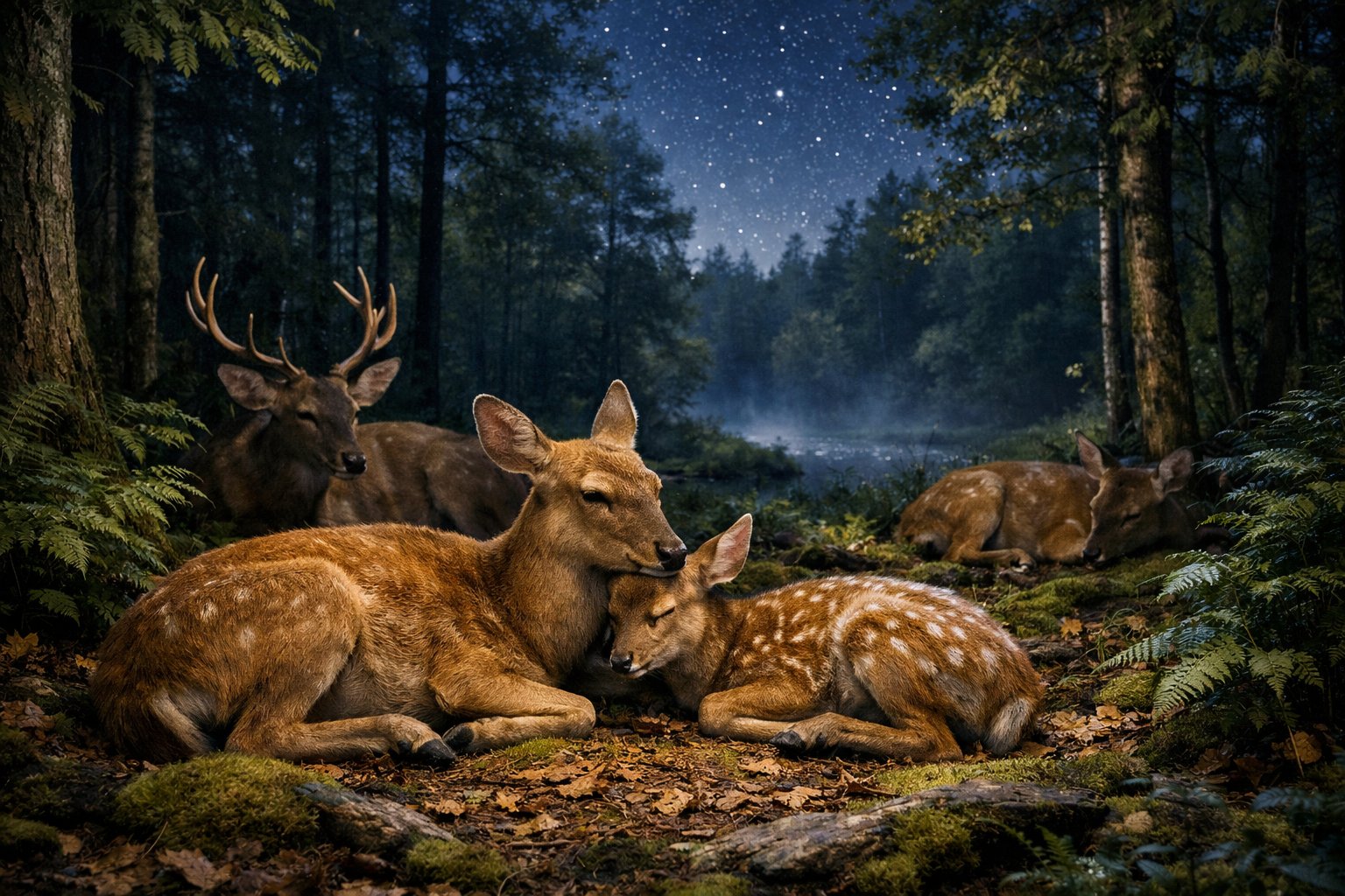 A group of deer resting on moss and leaves in a quiet forest at night under moonlight.