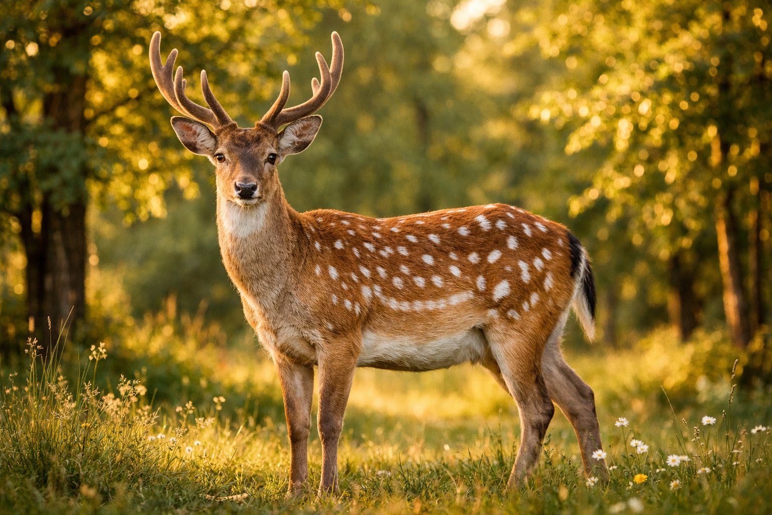 A deer standing in a sunlit forest clearing surrounded by trees and grass.