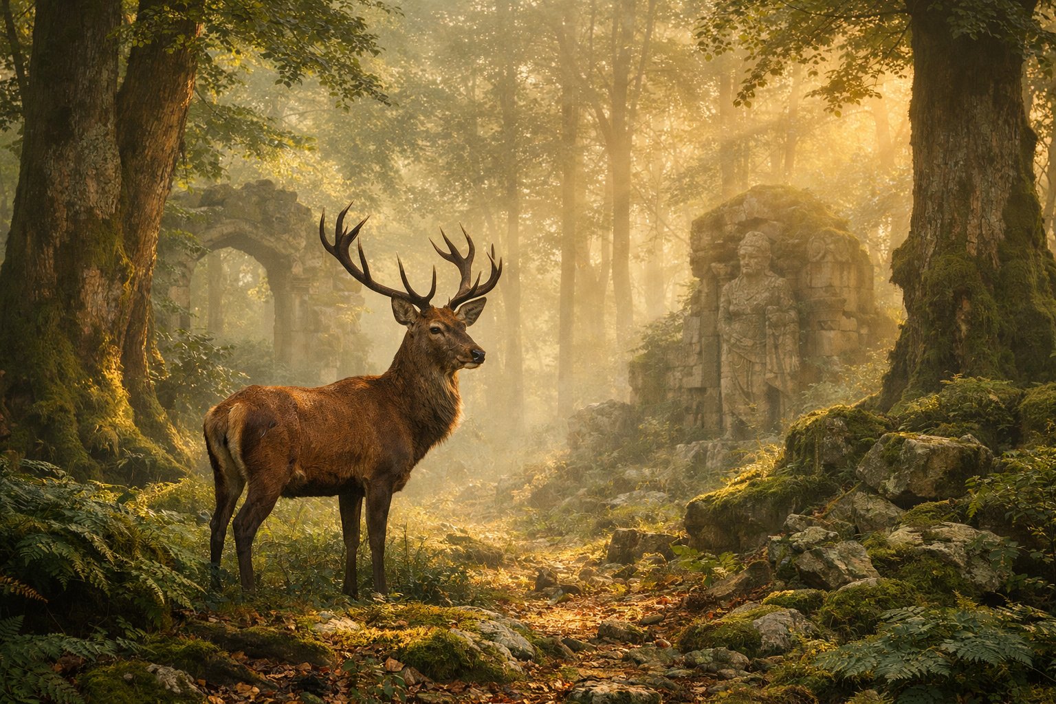 A deer with antlers standing in a misty forest surrounded by tall trees and greenery.