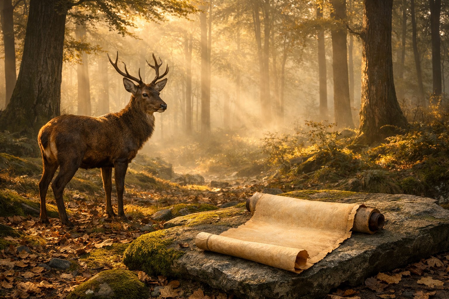 A deer standing in a misty forest with sunlight filtering through trees and an old scroll resting on a stone nearby.