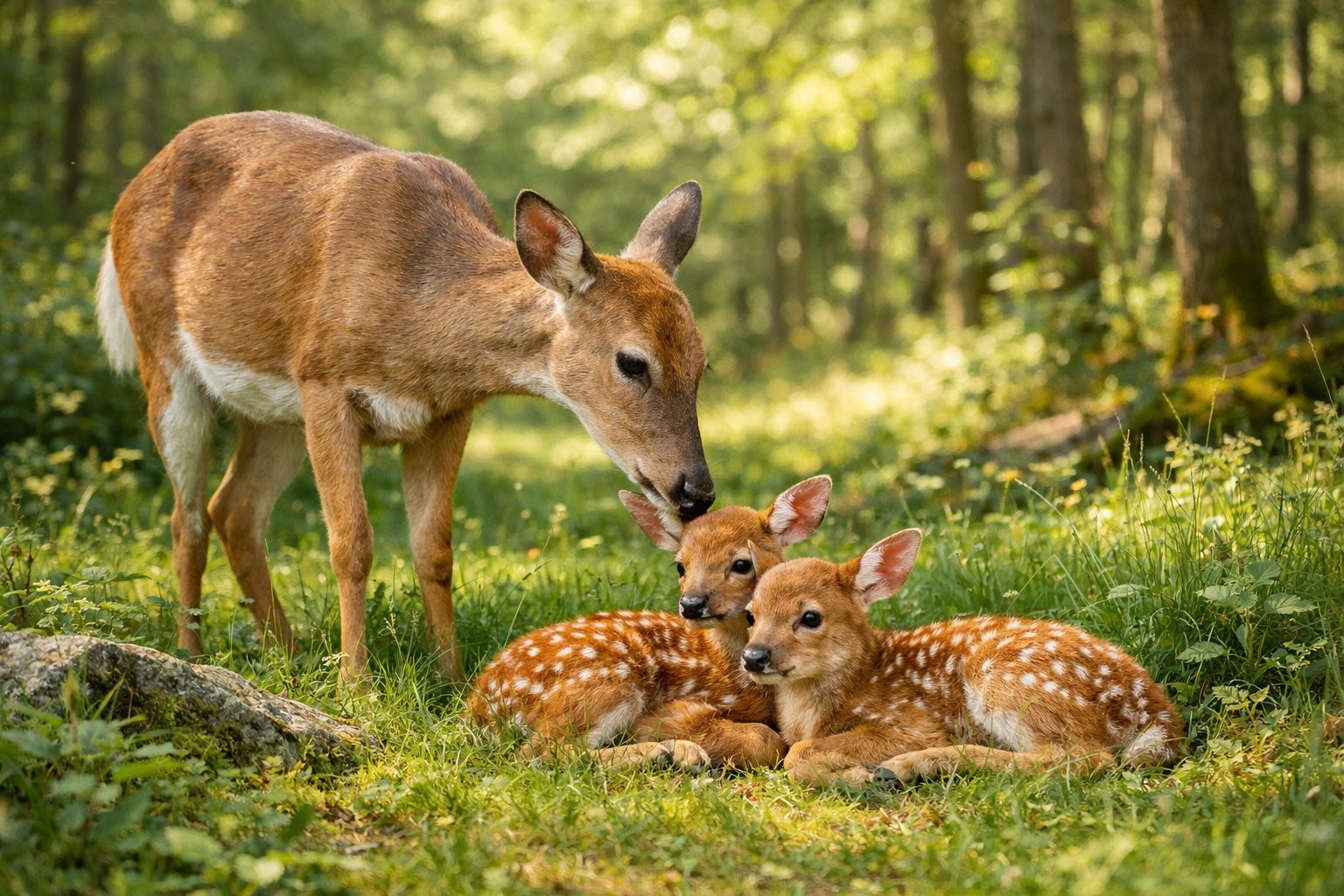 A mother deer standing beside two young fawns in a forest clearing.