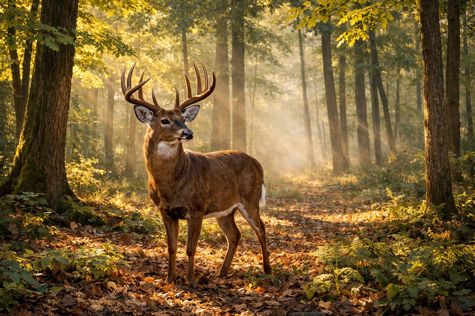 An adult deer standing alert in a sunlit forest surrounded by trees and green plants.