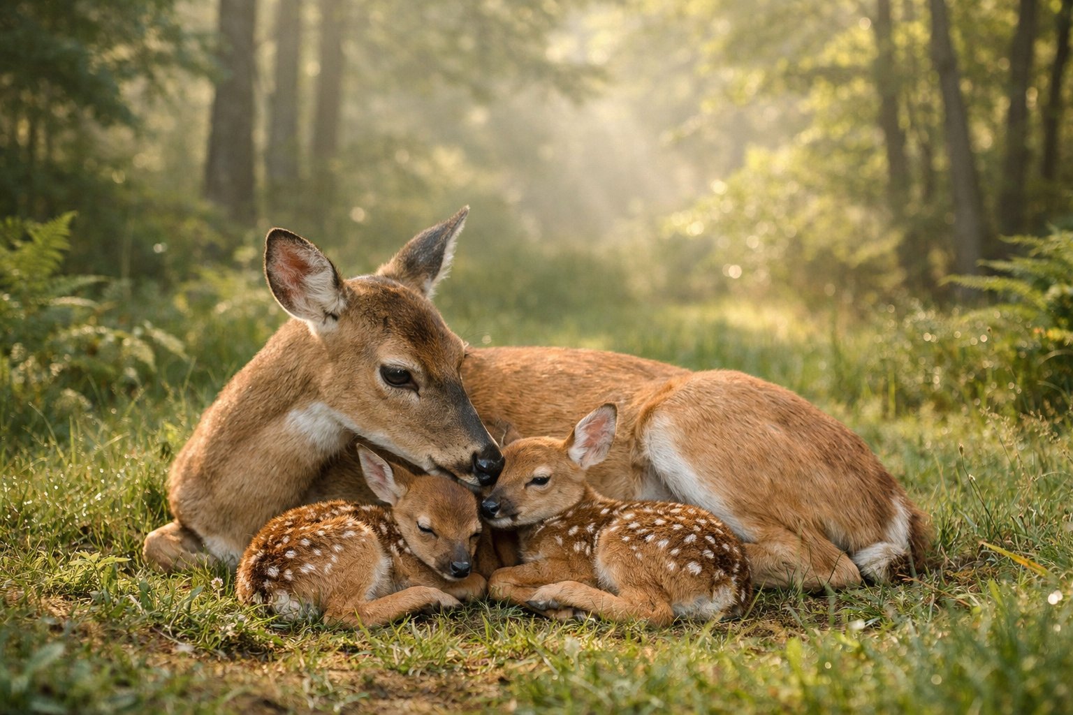 A mother deer lying in a forest clearing with two newborn fawns resting beside her.