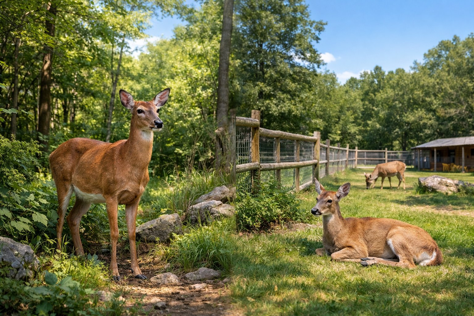 An adult deer standing in a green forest near a fenced enclosure with another deer inside.