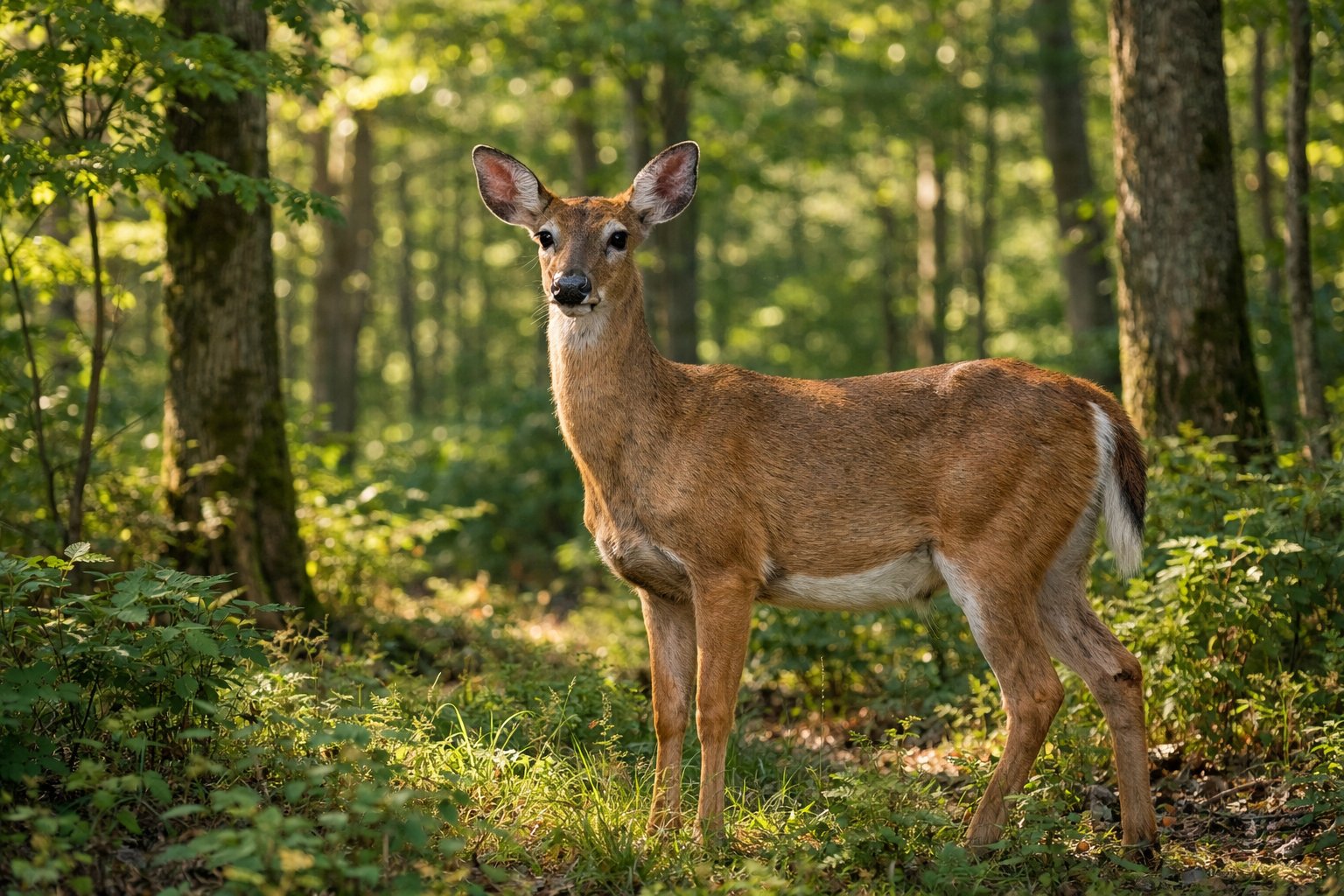 An adult deer standing alert in a green forest with sunlight filtering through the trees.