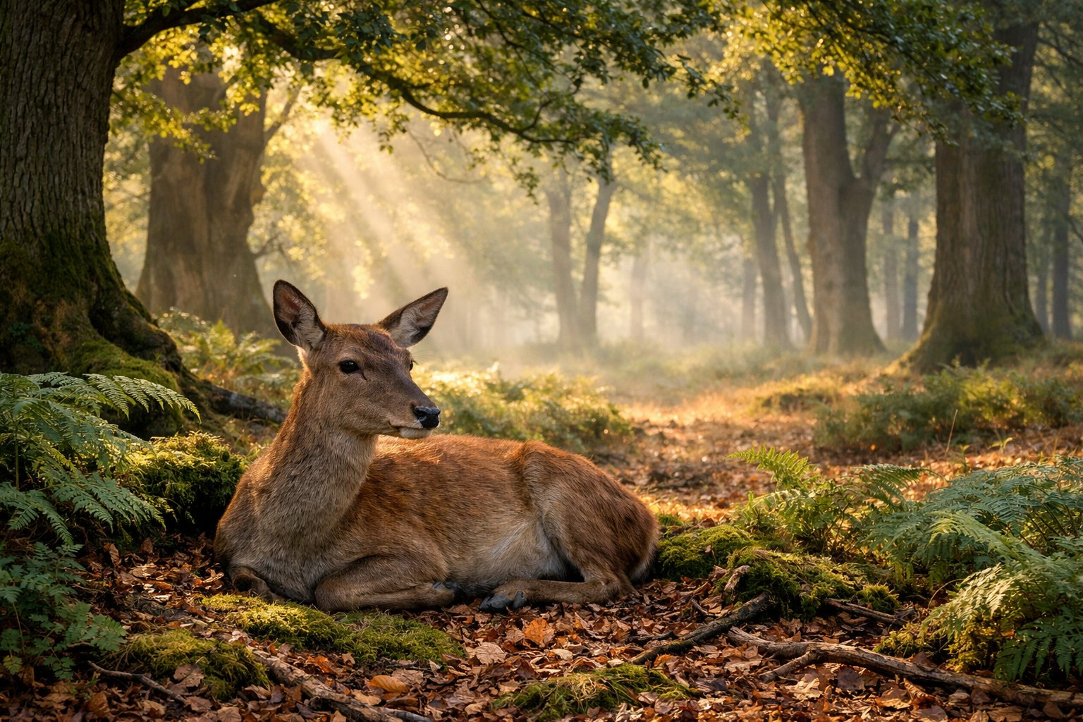 A red deer resting on a bed of leaves and moss in a misty UK woodland surrounded by tall trees and ferns.