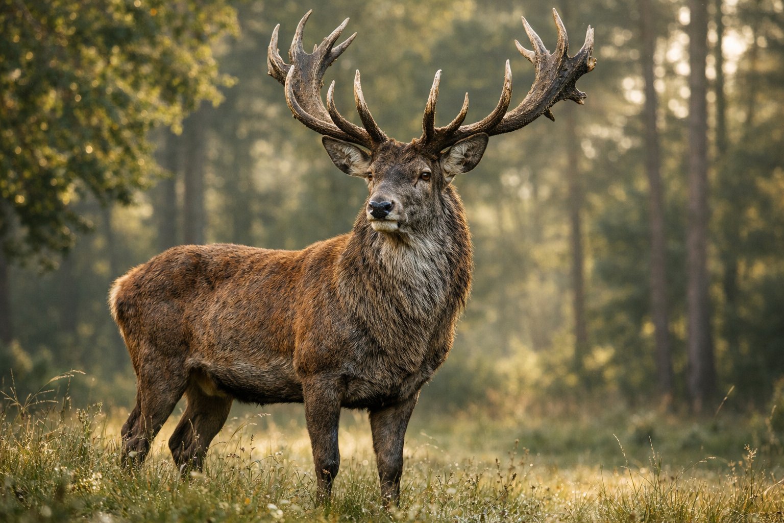 An old male deer with large antlers standing in a forest clearing with sunlight filtering through the trees.