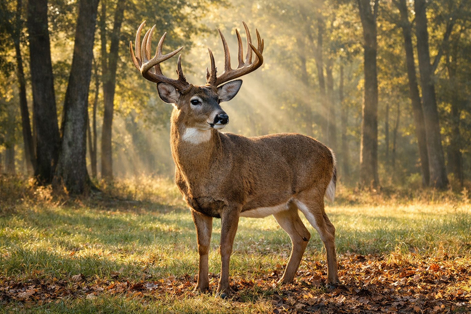 A mature male deer with large antlers standing in a sunlit forest clearing surrounded by trees and grass.