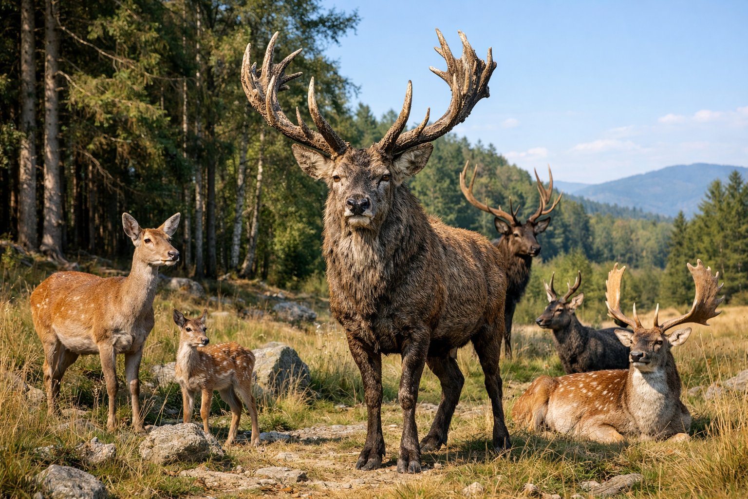 An old stag with large antlers stands in a sunlit forest clearing surrounded by other deer of various ages and species in a natural landscape.