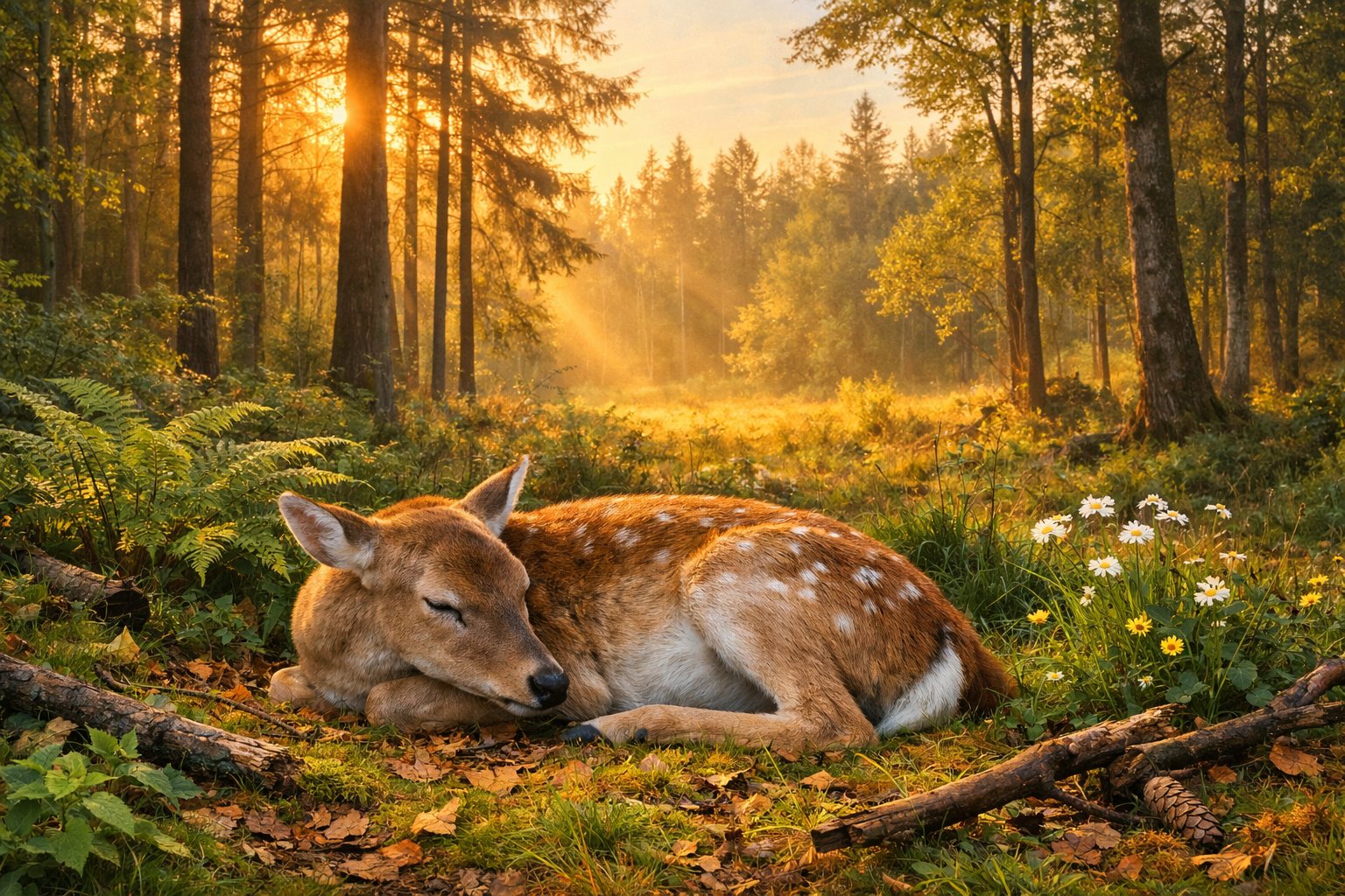 A deer resting peacefully on grass in a forest at dawn with sunlight filtering through the trees.