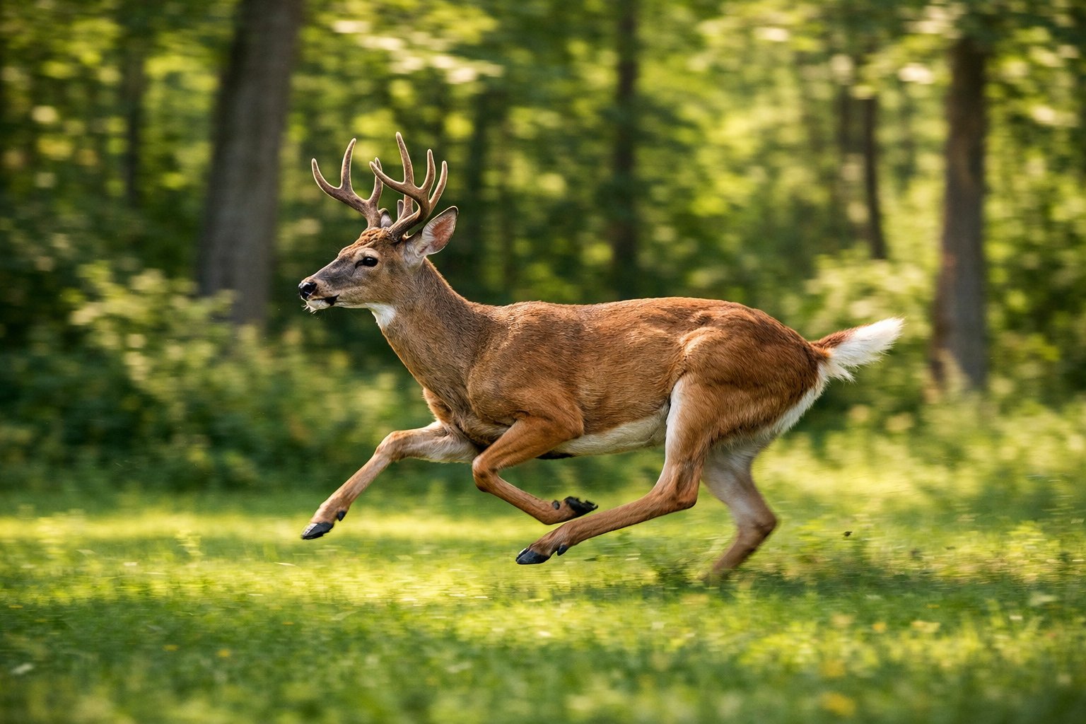 A deer running quickly through a green forest clearing with trees in the background.