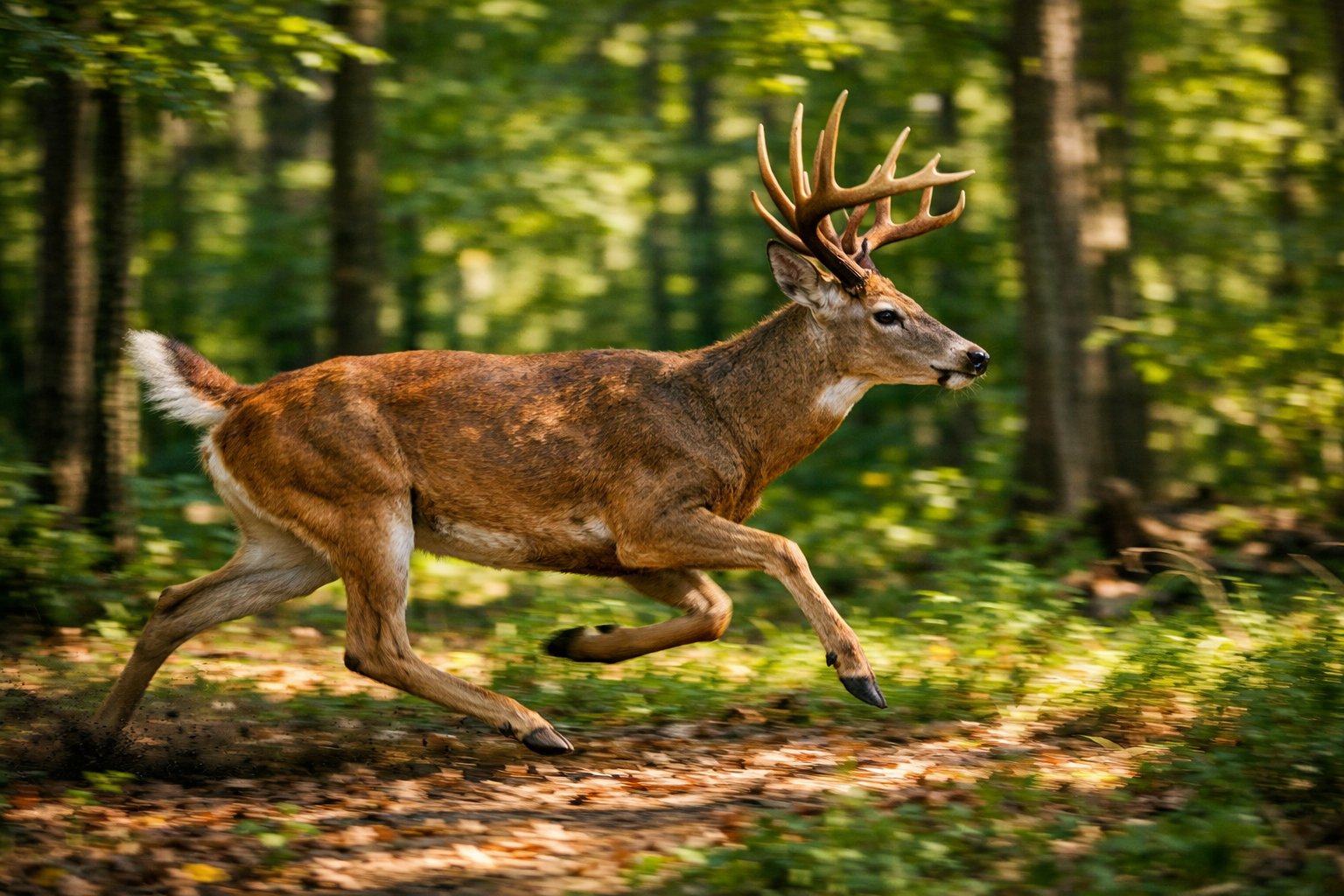 A deer running swiftly through a forest with sunlight filtering through the trees.