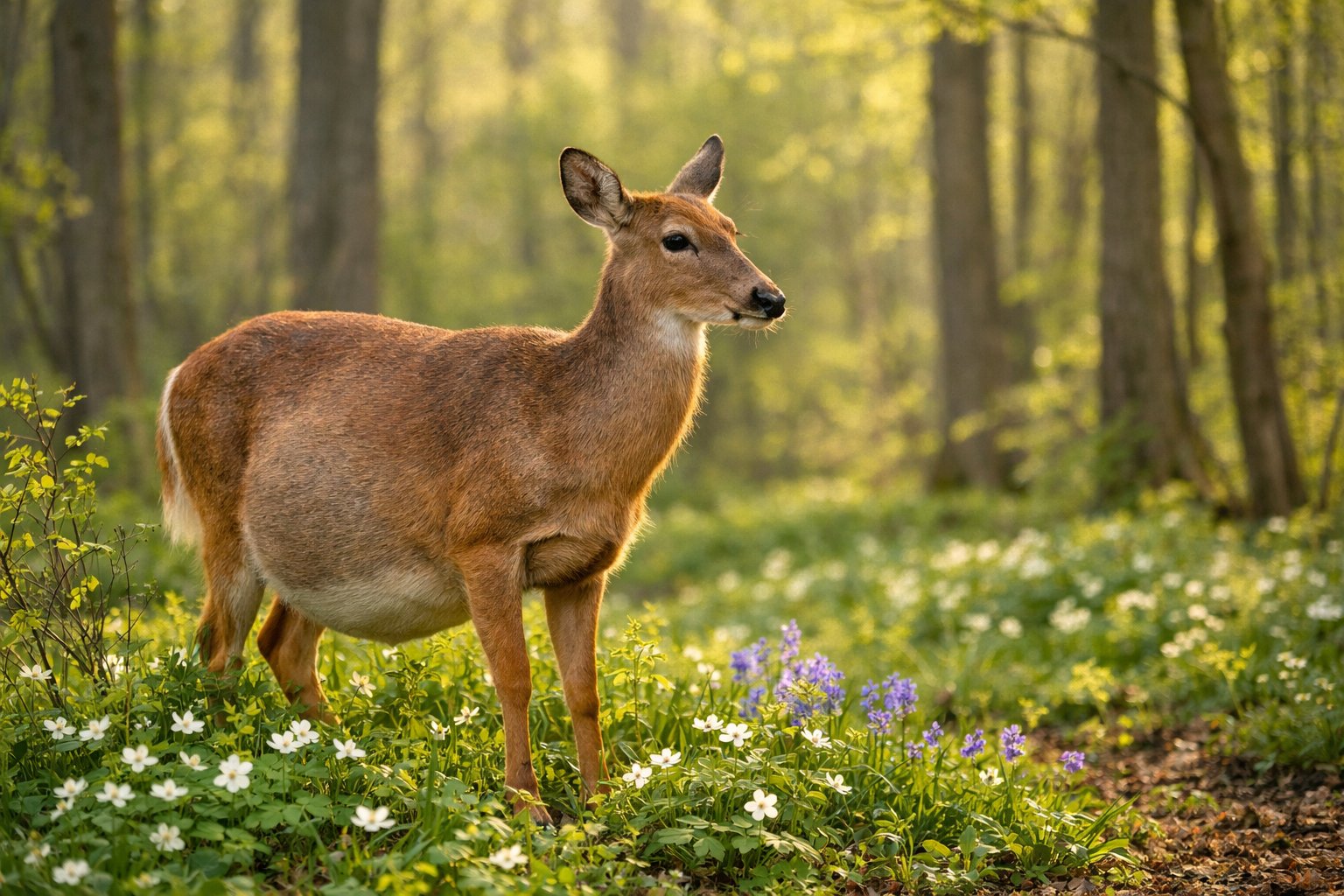 A female deer standing calmly in a green forest with sunlight filtering through the trees.
