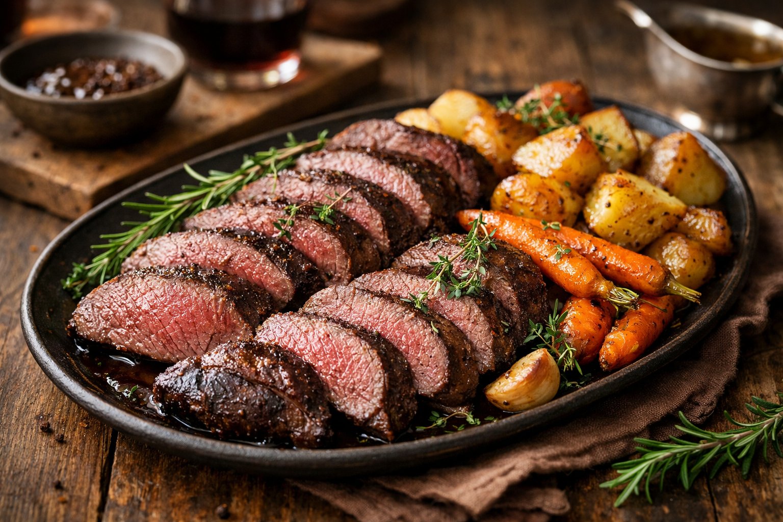 A platter of sliced cooked venison meat garnished with herbs and roasted vegetables on a wooden table.