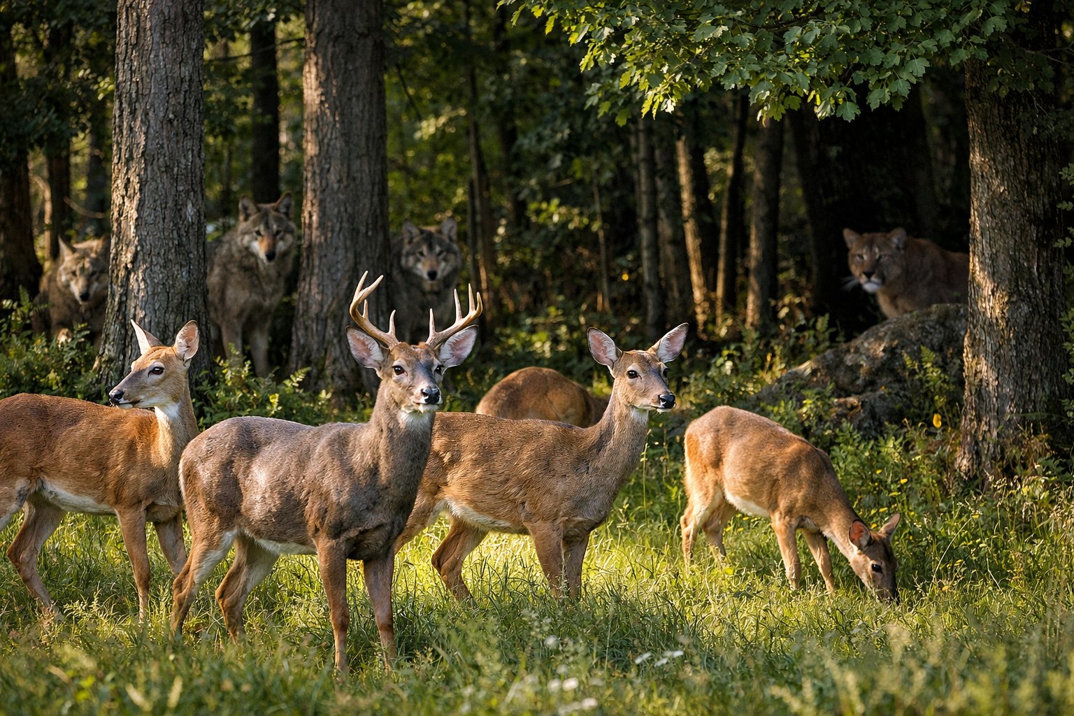 A group of deer grazing in a forest clearing while wolves and a mountain lion watch from the background among the trees.