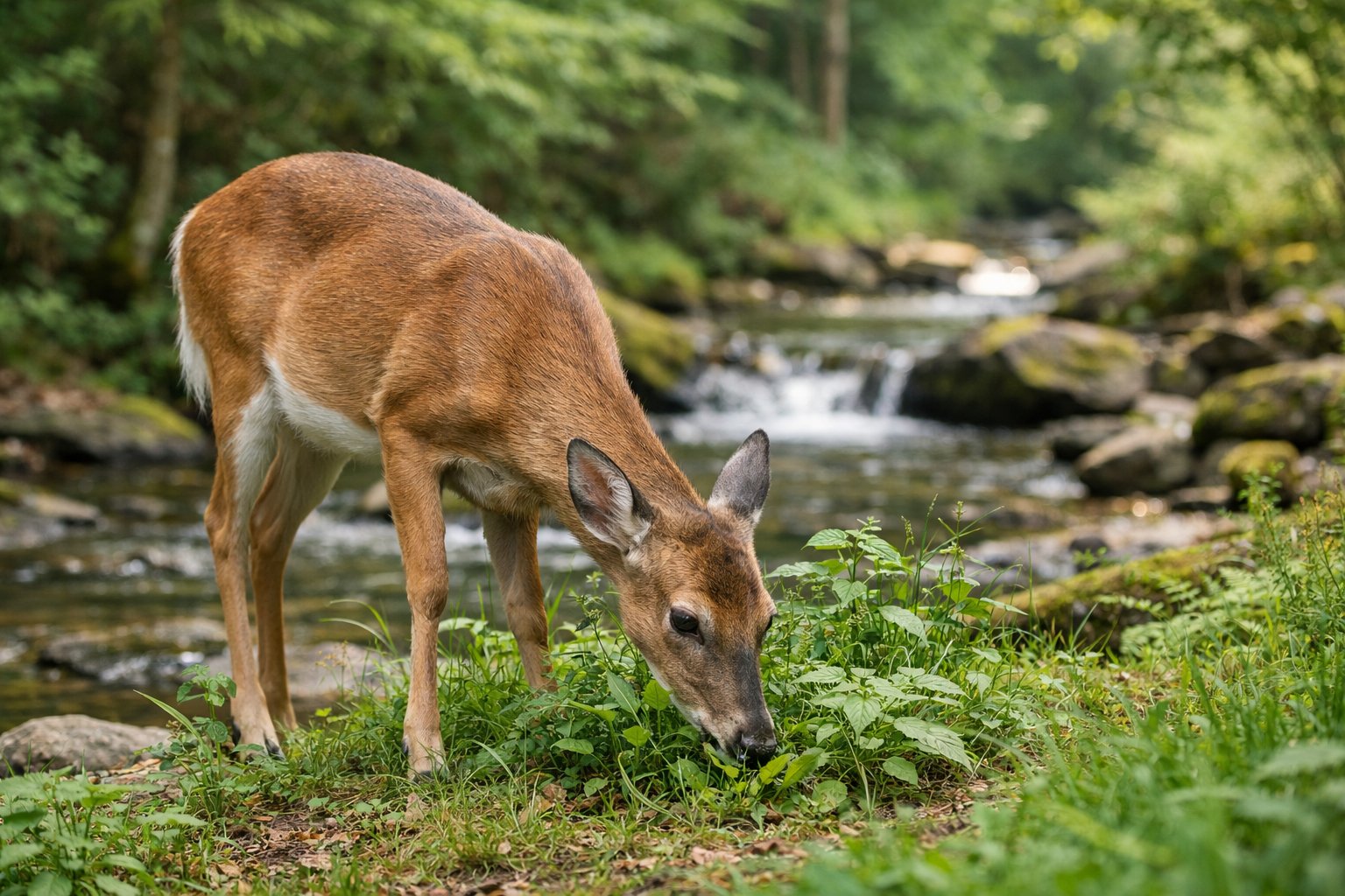 A deer grazing on grass in a forest near a small stream.