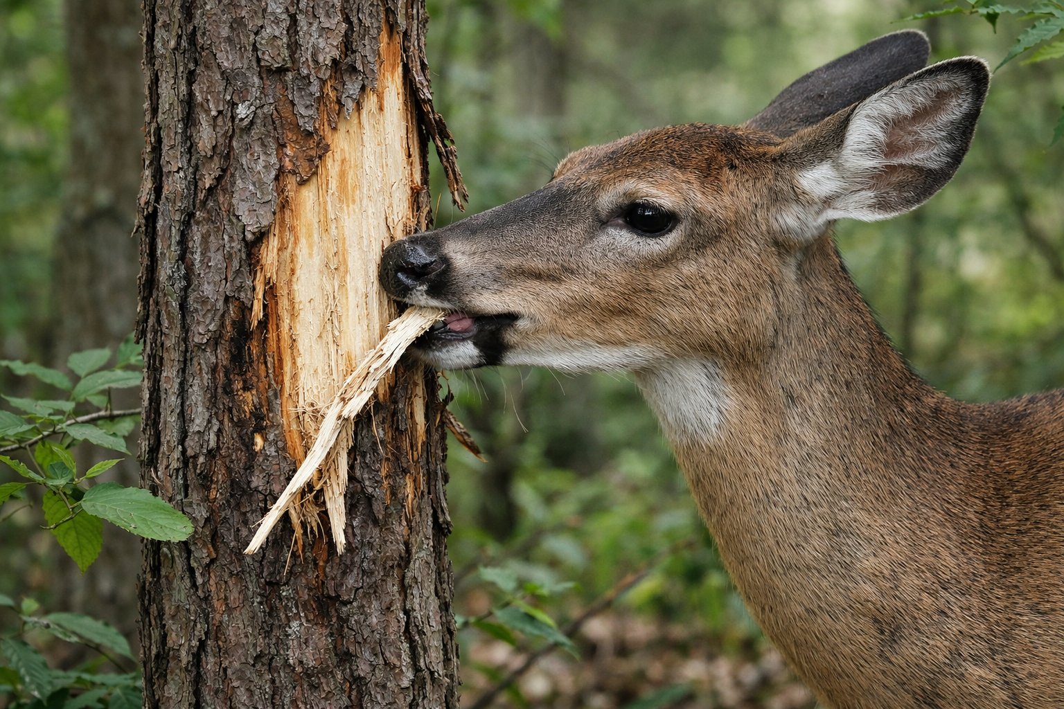 A deer stripping bark from a tree trunk in a forest.