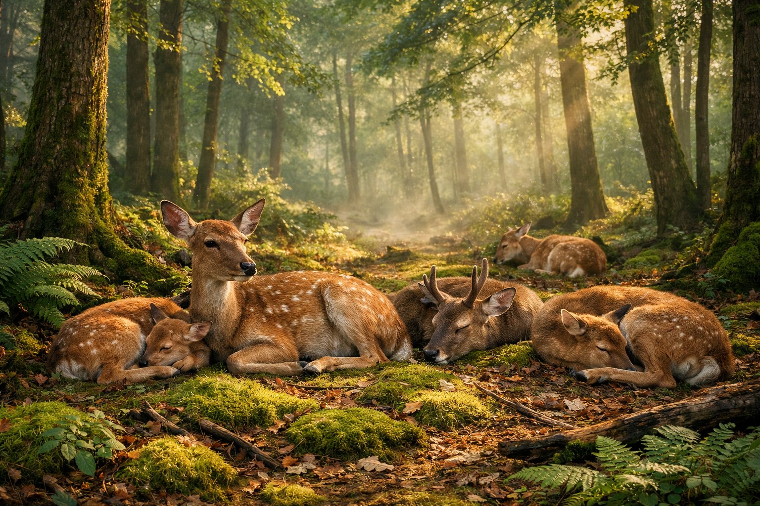 A group of deer resting quietly on the forest floor surrounded by trees and greenery at dawn.