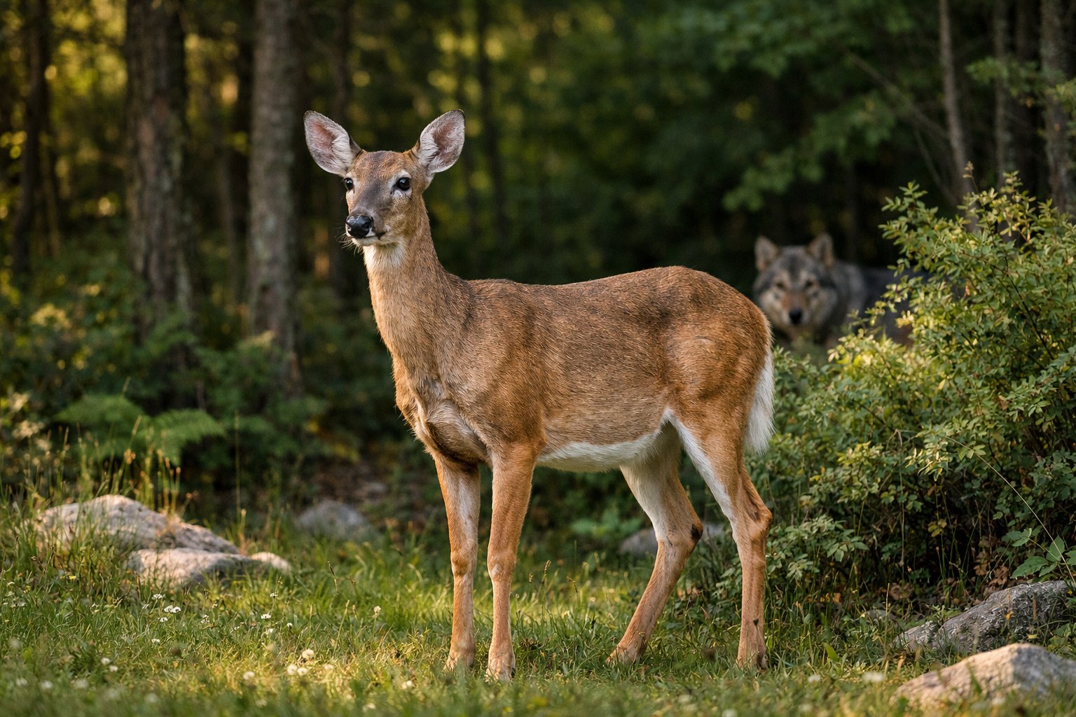 A deer standing alert in a forest clearing with a predator partially hidden in the background among trees and bushes.