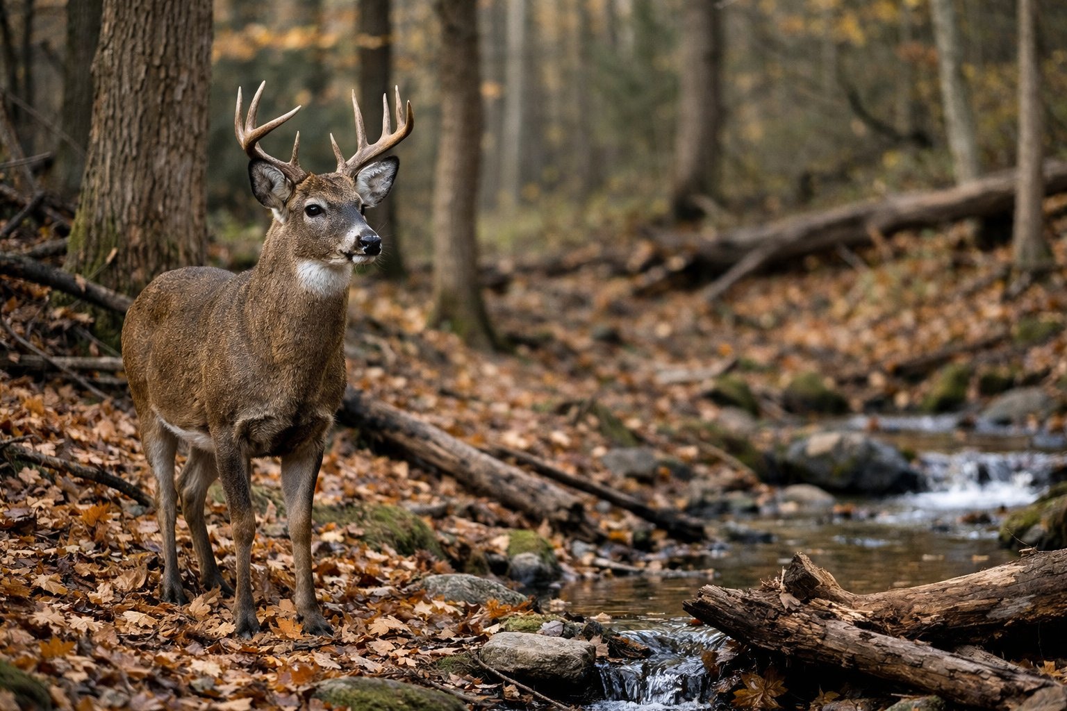 An adult deer standing alert in a forest with fallen leaves and trees around.