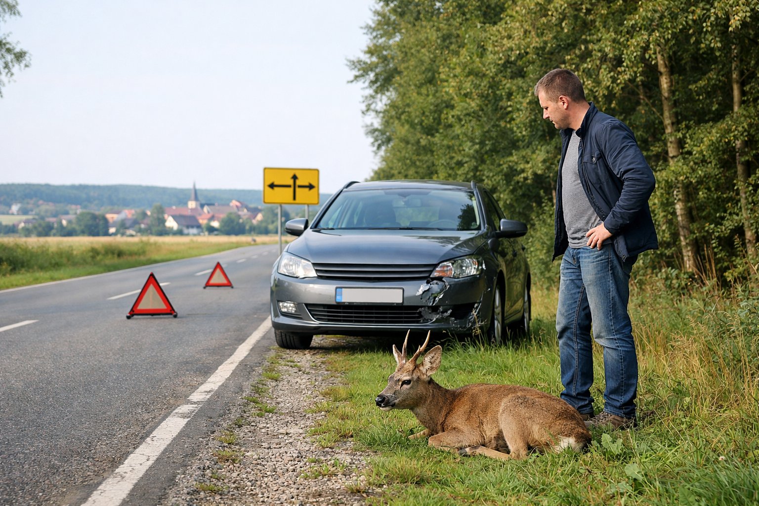 A driver stands beside a damaged car on a rural German road next to an injured deer lying on the grass by the roadside.