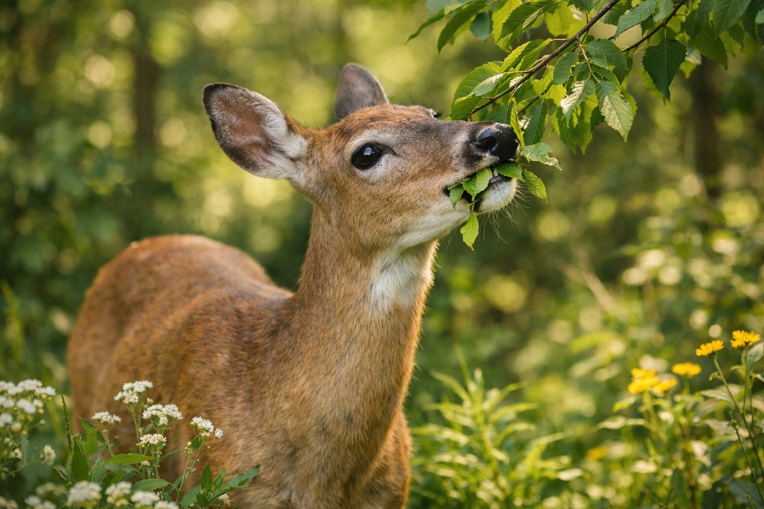 A deer eating green leaves from a tree branch in a forest.