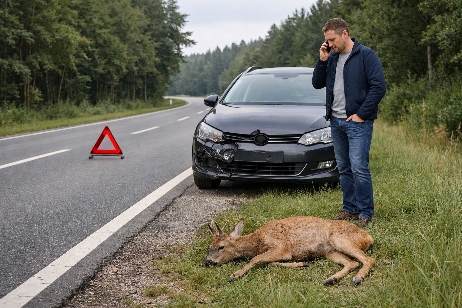A car stopped on the side of a rural road in Germany after hitting a deer, with a driver making a phone call and a warning triangle placed behind the vehicle.