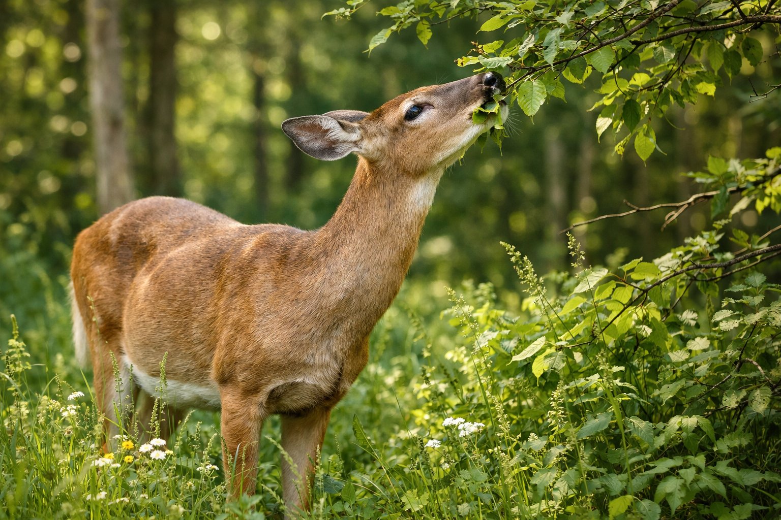 A deer in a forest clearing eating green leaves from low branches surrounded by plants and trees.