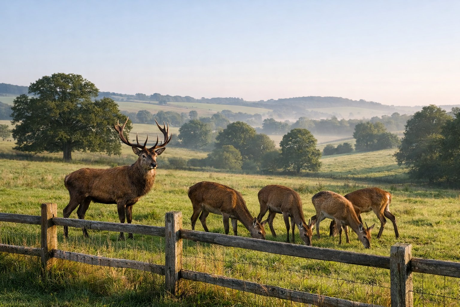 A group of deer grazing peacefully in a green British countryside with rolling hills and trees in the background.