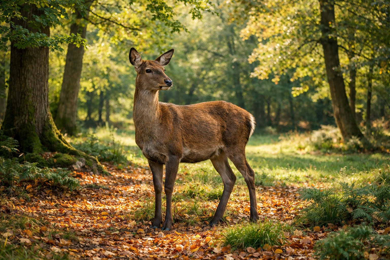 An adult deer standing calmly in a sunlit UK woodland surrounded by trees and fallen leaves.