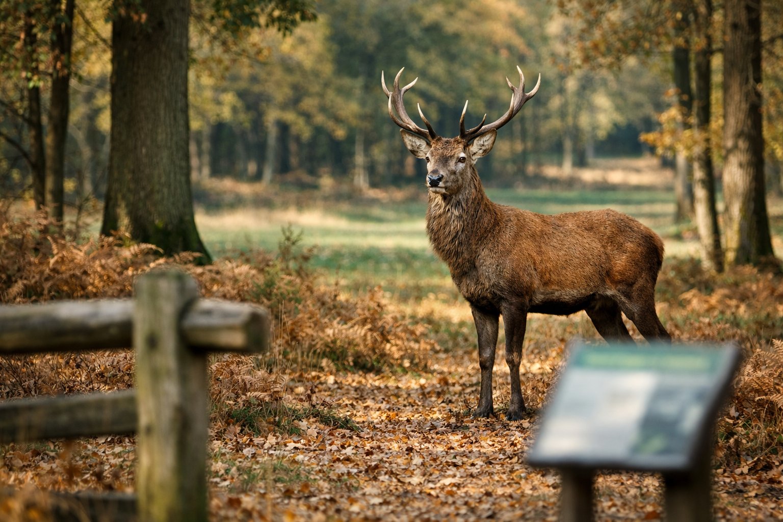 An adult deer standing alert in a UK woodland with trees and fallen leaves, showing a natural environment with signs of human management nearby.